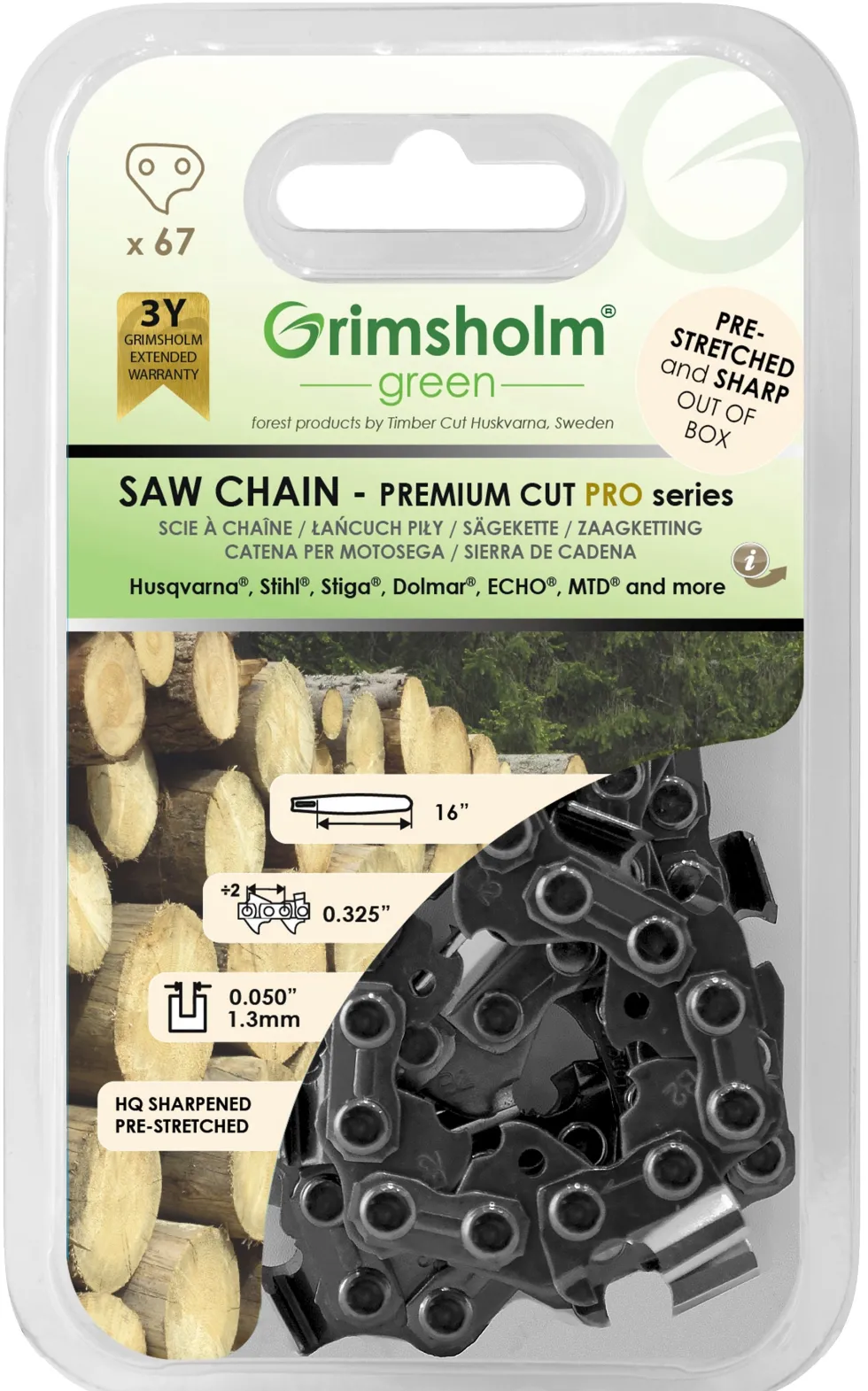 Grimsholm 16" 67dl .325" 1.3mm Premium Cut Pro Motorsågskedja