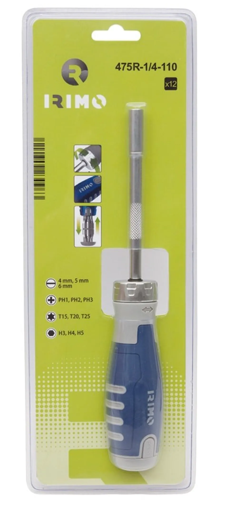 Irimo Bitsskruvmejsel 1/4'' med spärr i sats inkl. 12st bits