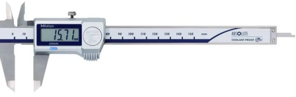 Mitutoyo ABSOLUTE Digimatic Skjutmått 500-727-20 CoolantProof 0-150mm, 0,01mm hårdmetallbel. skänklar, plan sticka, IP67, datautgång