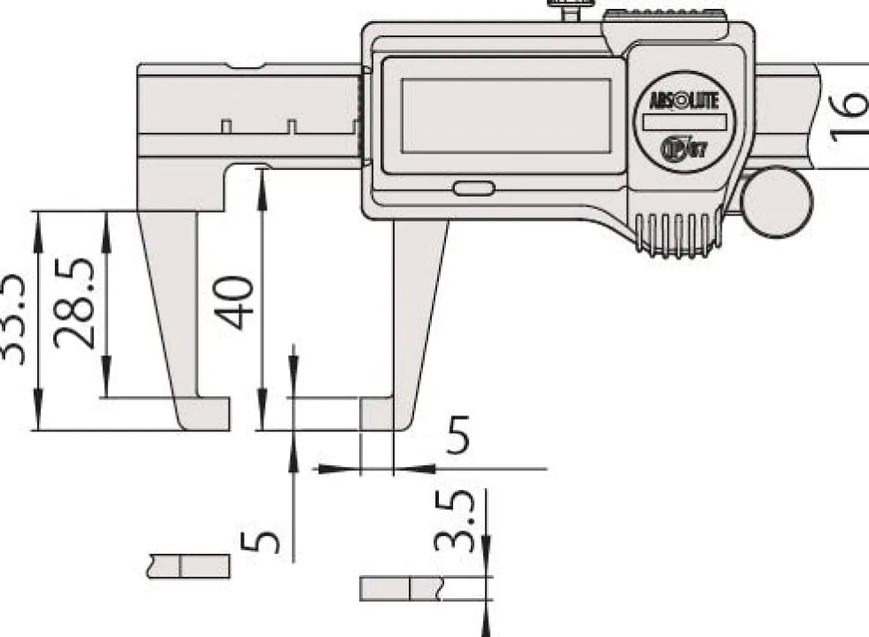 Mitutoyo ABSOLUTE Digimatic Skjutmått 573-751-20 med inåtriktade mätskänklar 0-6in, 0,0005in, IP67, friktionsrulle