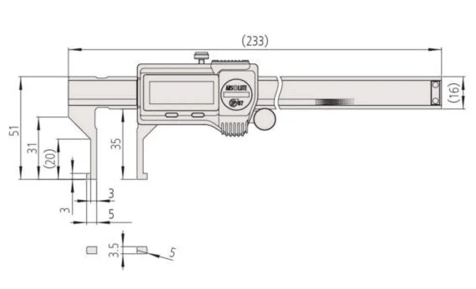 Mitutoyo ABSOLUTE Digimatic Skjutmått 573-745-20 med utåtriktade mätskänklar 0,404-6in, 0,0005in, IP67, friktionsrulle, datautgång